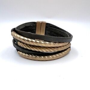 Saachi Leather Wrap Bracelet Gold Tone Multi Strand Magnetic Clasp Grey Boho